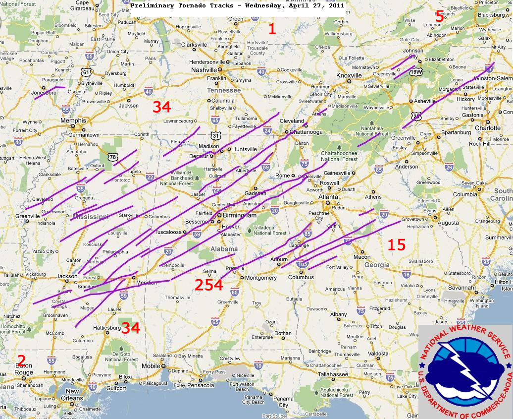 Map of U.S. Tornadoes in the southeast April 27, 2011
